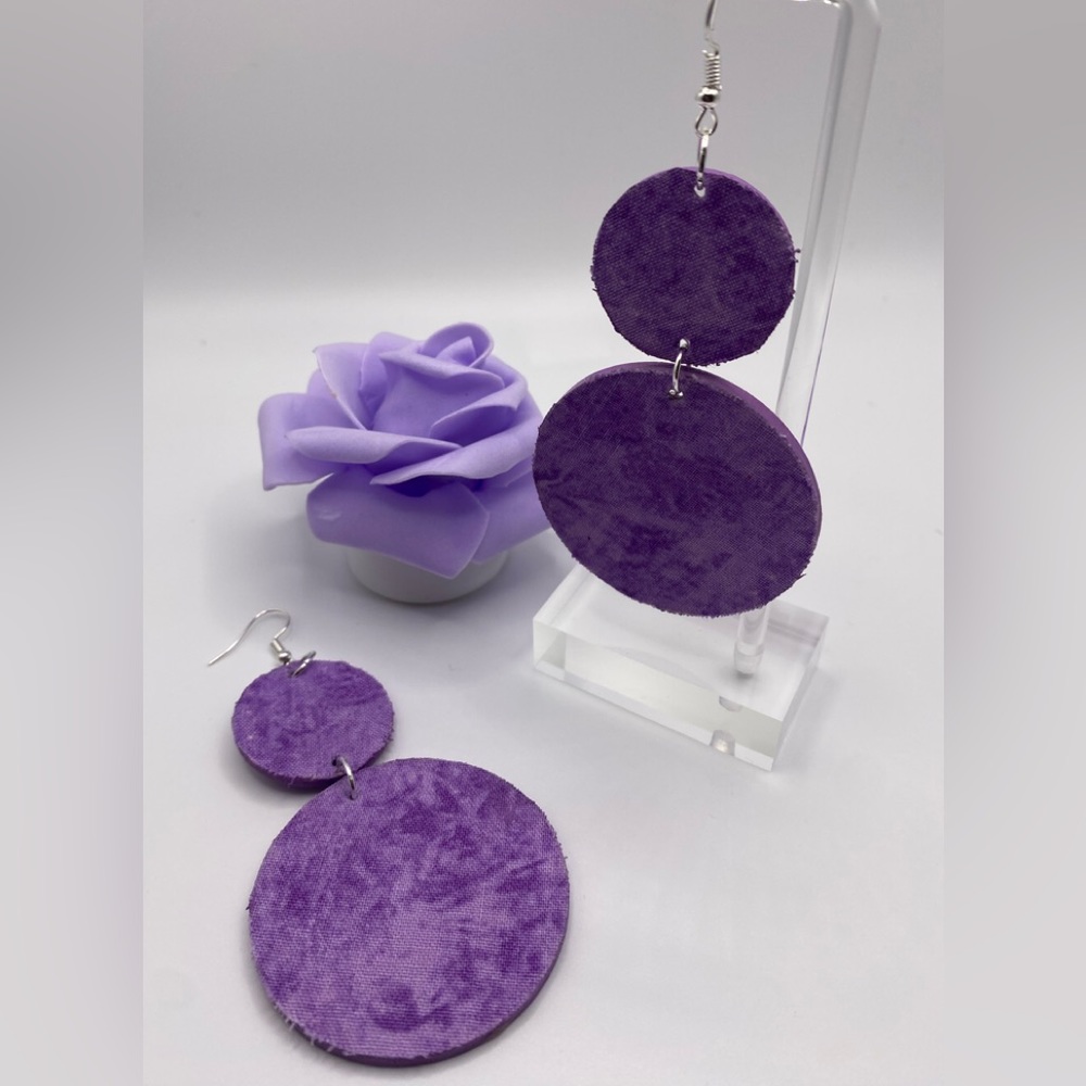 Purple and lilac dangle fabric & wood earrings.